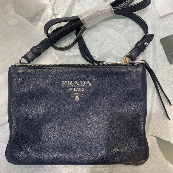 Prada Vitello Phenix Leather Silver Hardware Blue Crossbody 1BH046 - Picture 1 of 2